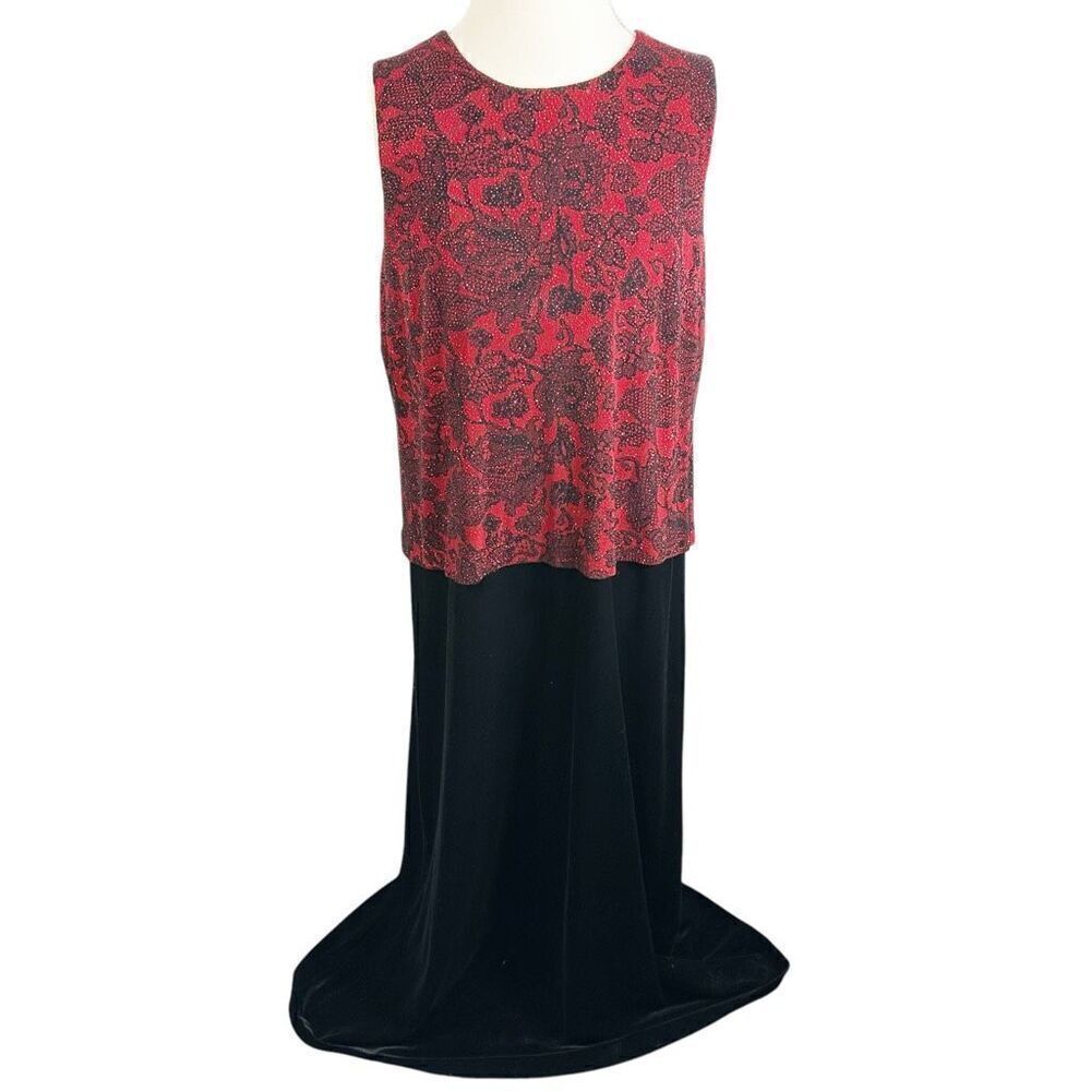 Alex Evenings Red beaded Black Velvet Dress Sleeveless floral Holiday Size 16W - Picture 2 of 10